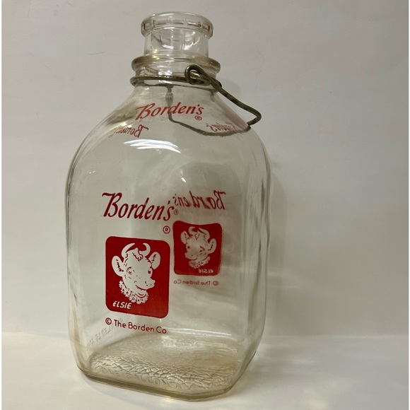 Vintage Borden 1 Gallon Glass Milk Bottle Elsie Cow Red Label Wire Metal Handle - Picture 1 of 16